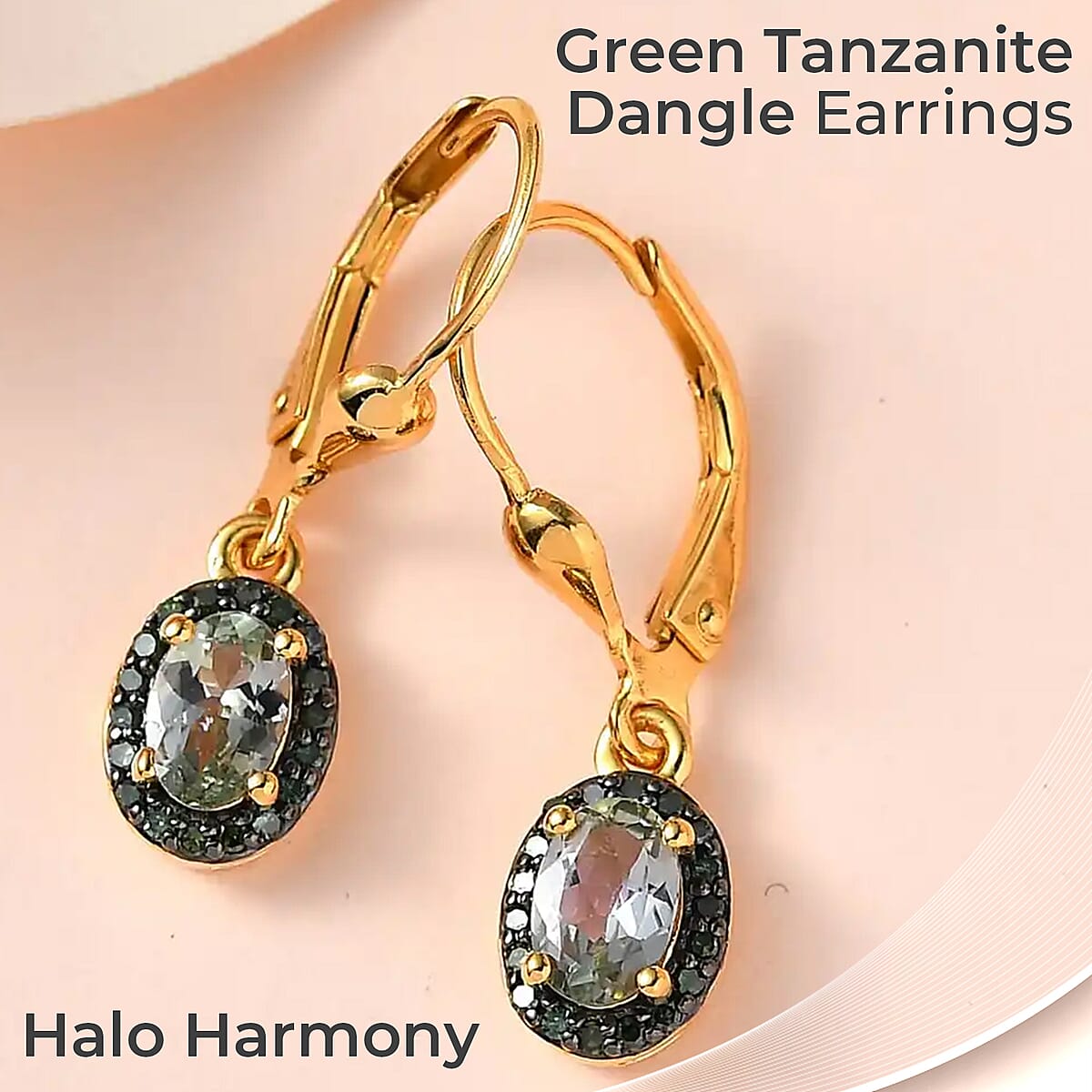 Green Tanzanite Dangle Earrings,  Green Diamond Accent Earrings, Tanzanite Lever Back Earrings, Vermeil Yellow Gold Over Sterling Silver Earrings 1.15 ctw image number 1