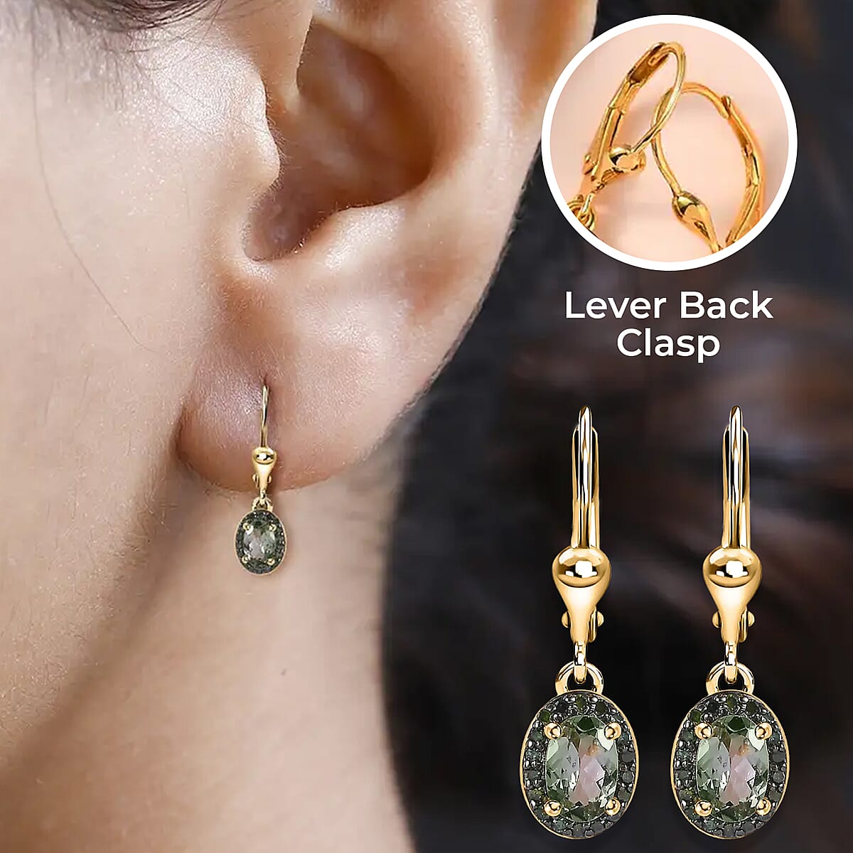 Green Tanzanite Dangle Earrings,  Green Diamond Accent Earrings, Tanzanite Lever Back Earrings, Vermeil Yellow Gold Over Sterling Silver Earrings 1.15 ctw image number 2