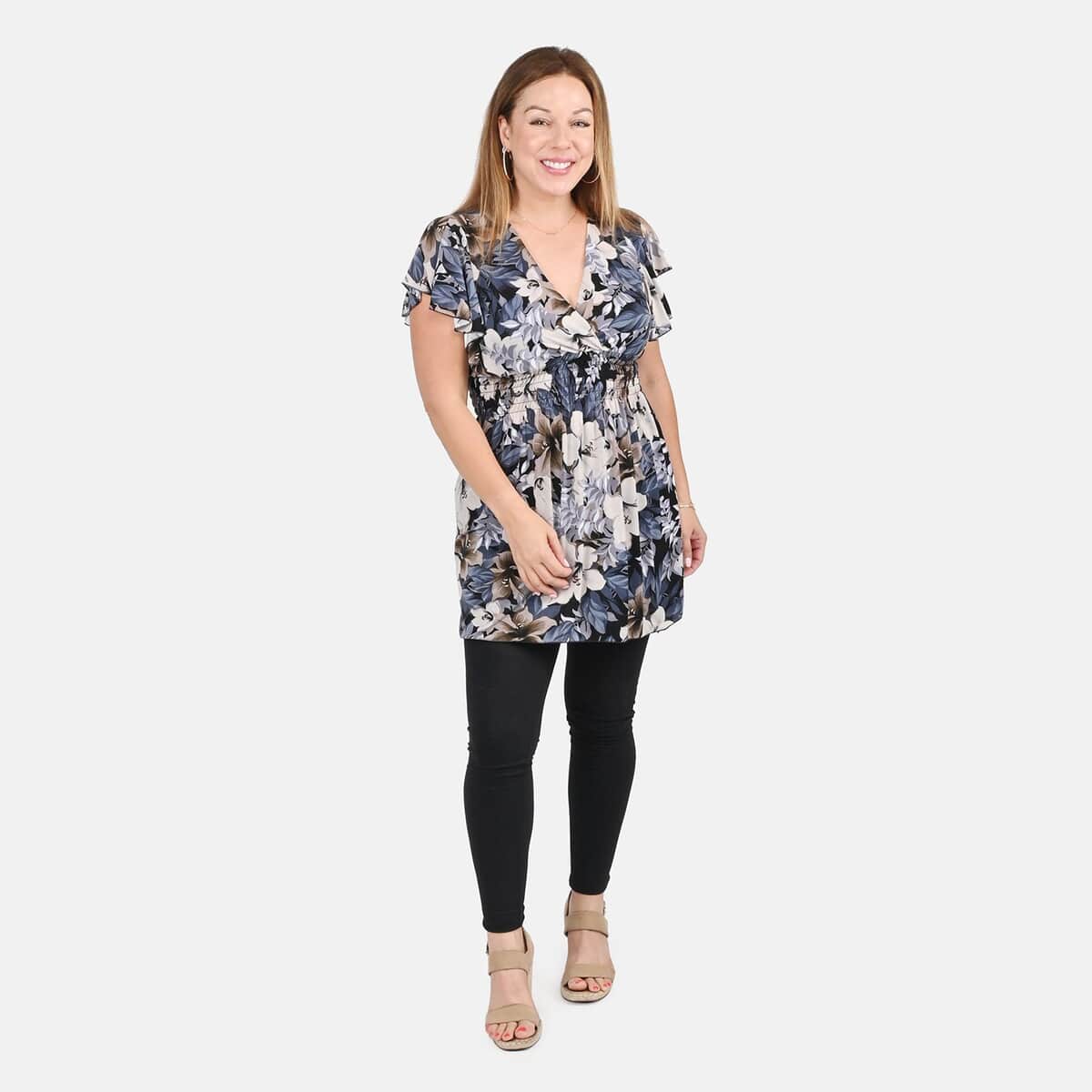 Tamsy Navy Floral Pattern Smocked Waist Tunic Top with Flutter Sleeve - One Size Fits Most image number 0