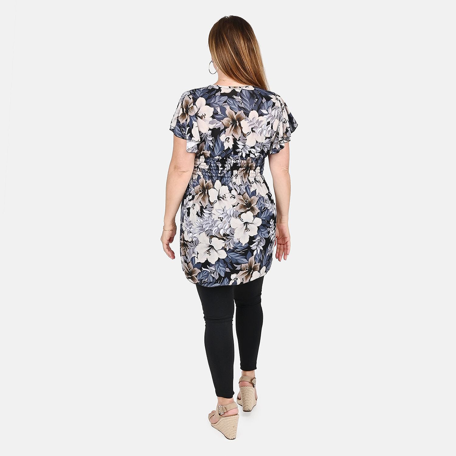 Tamsy Navy Floral Pattern Smocked Waist Tunic with Flutter Sleeve - One Size Fits Most
