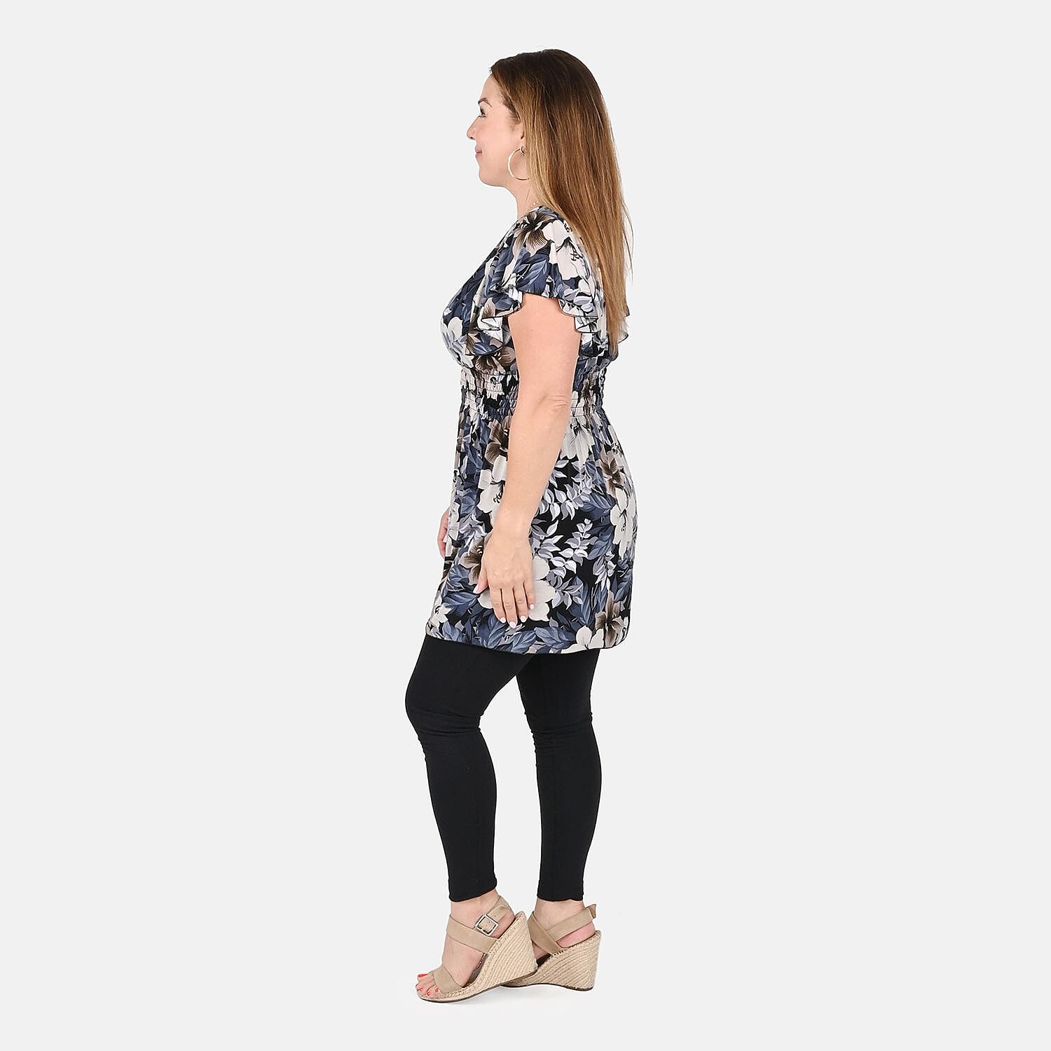 Tamsy Navy Floral Pattern Smocked Waist Tunic with Flutter Sleeve - One Size Fits Most