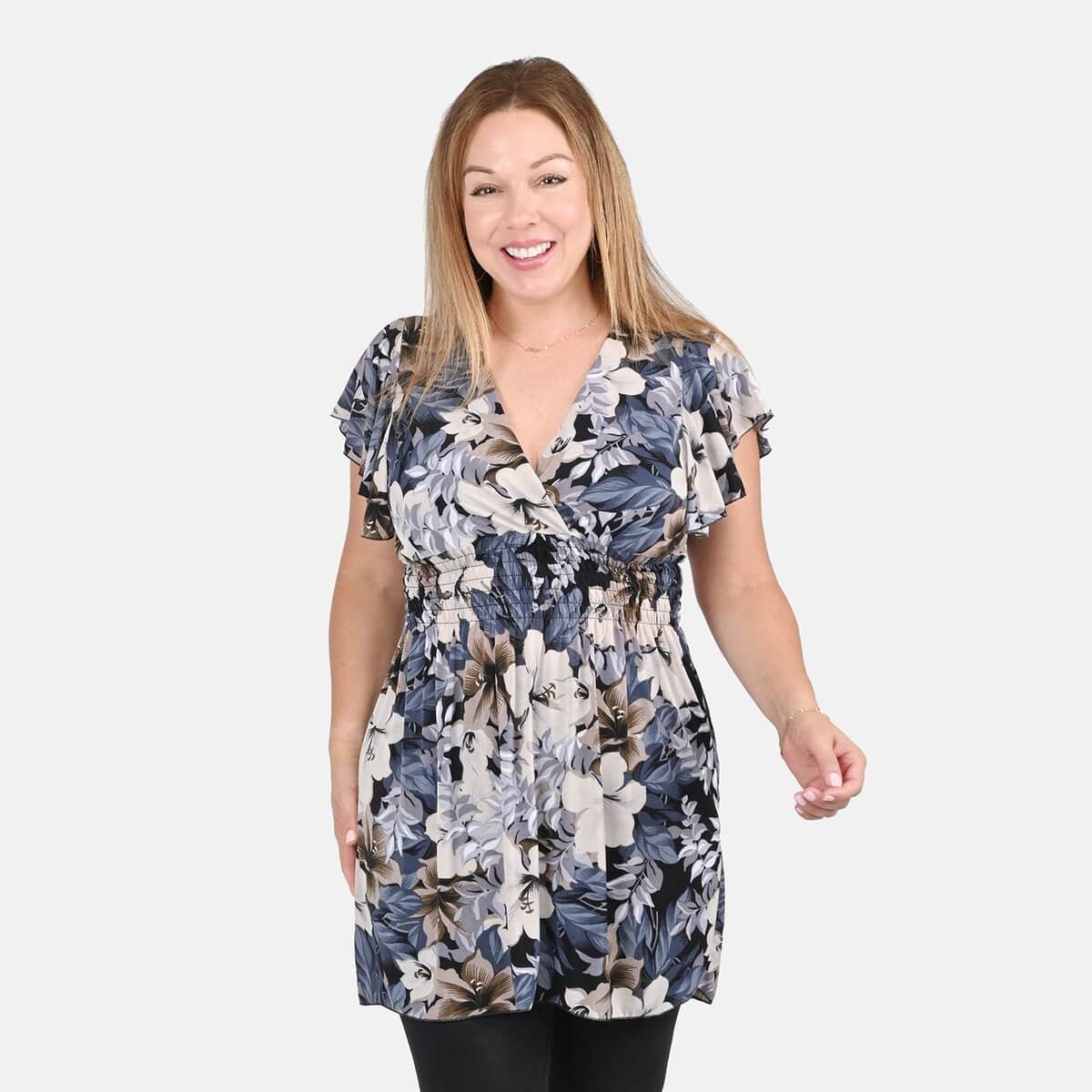 Tamsy Navy Floral Pattern Smocked Waist Tunic Top with Flutter Sleeve - One Size Fits Most image number 3