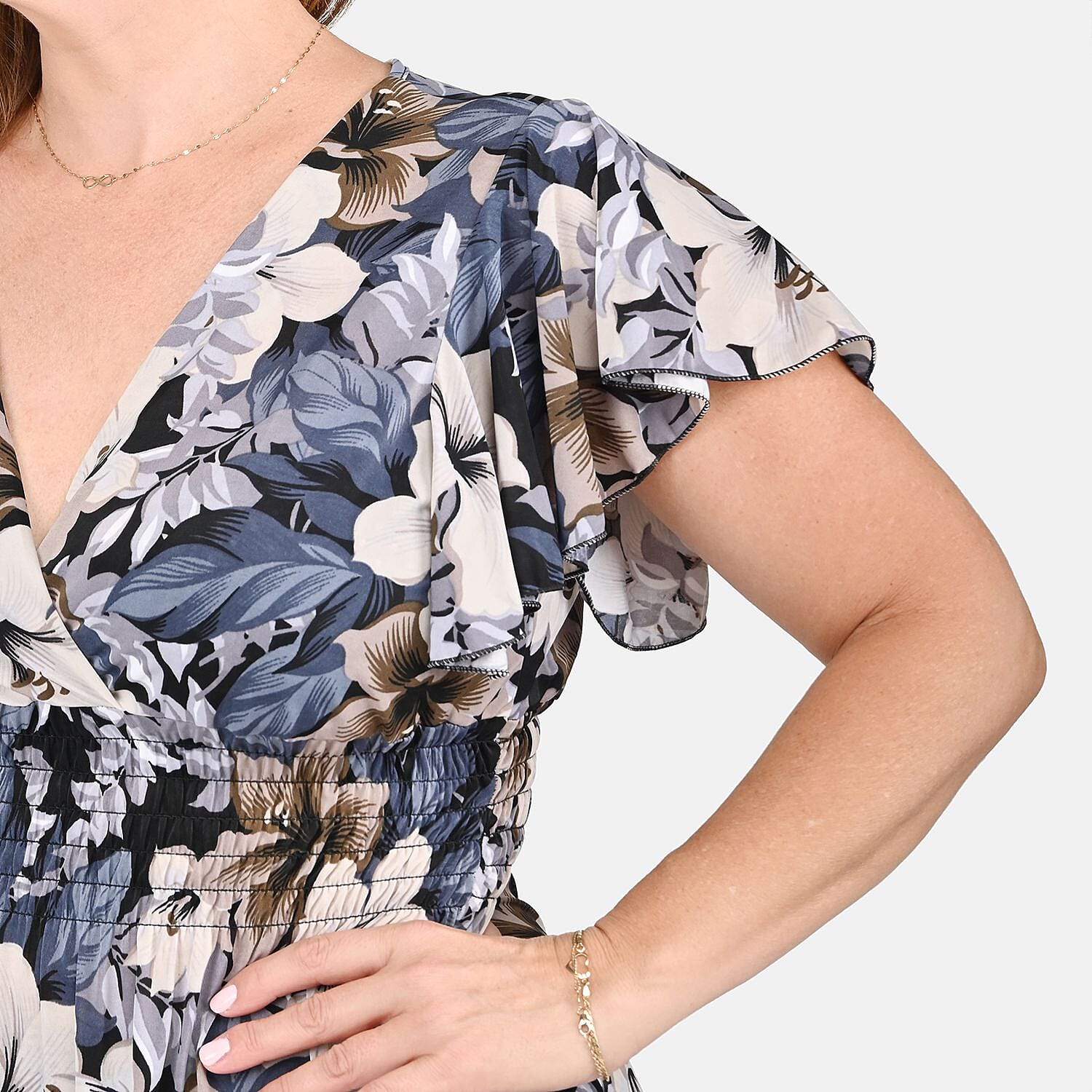 Tamsy Navy Floral Pattern Smocked Waist Tunic with Flutter Sleeve - One Size Fits Most