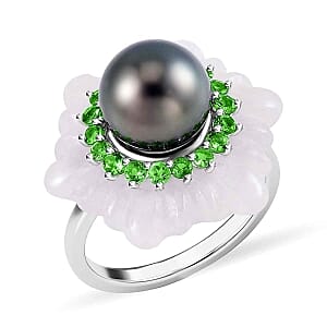 Tahitian Pearl and Multi Gemstone 28.12 ctw Fancy Ring in Rhodium Over Sterling Silver (Size 11.5)