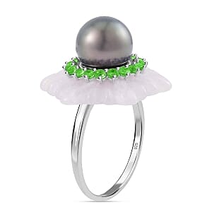 Tahitian Pearl and Multi Gemstone 28.12 ctw Fancy Ring in Rhodium Over Sterling Silver (Size 11.5)