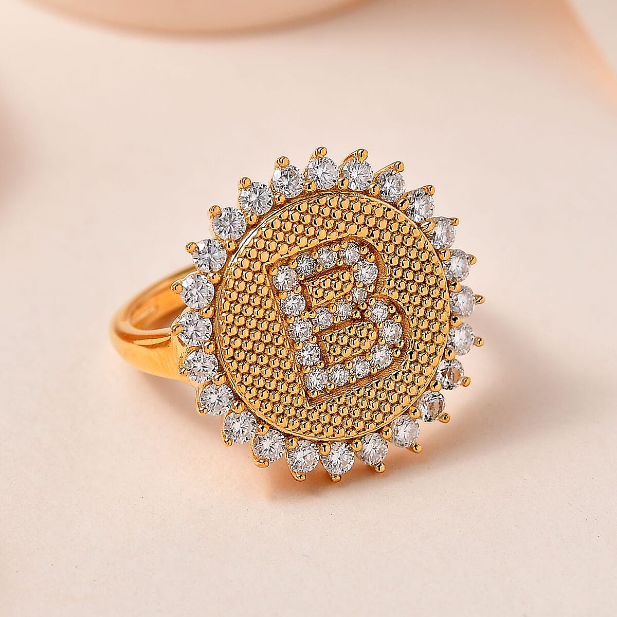 Moissanite Initial B Sun Medallion Ring in Vermeil Yellow Gold Over Sterling Silver (Size 7.0) 0.70 ctw image number 1