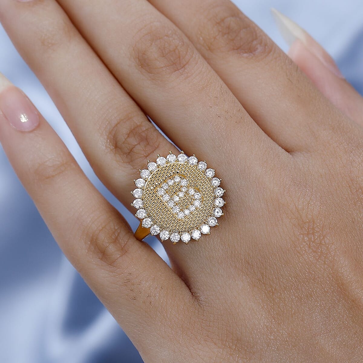 Moissanite Initial B Sun Medallion Ring in Vermeil Yellow Gold Over Sterling Silver (Size 7.0) 0.70 ctw image number 2