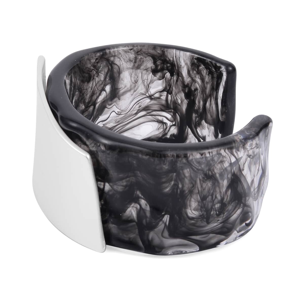 Black Resin Cuff Bracelet in Silvertone (7 In) image number 3