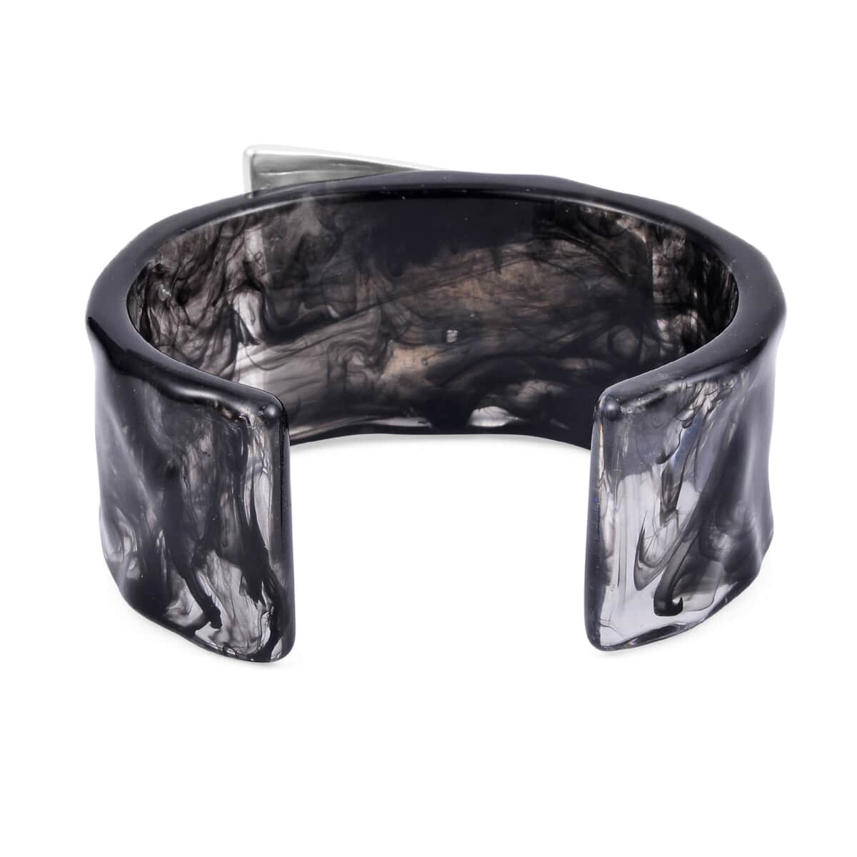 Black Resin Cuff Bracelet in Silvertone (7 In) image number 4