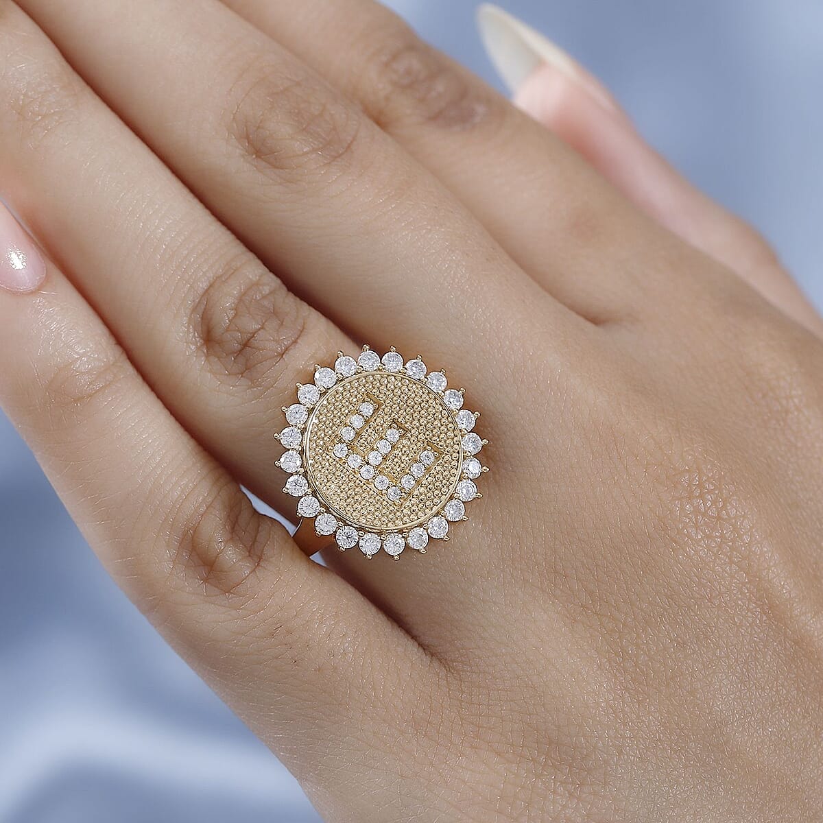 Moissanite 0.70 ctw Initial E Sun Medallion Coin Ring in Vermeil Yellow Gold Over Sterling Silver (Size 7.0) image number 2