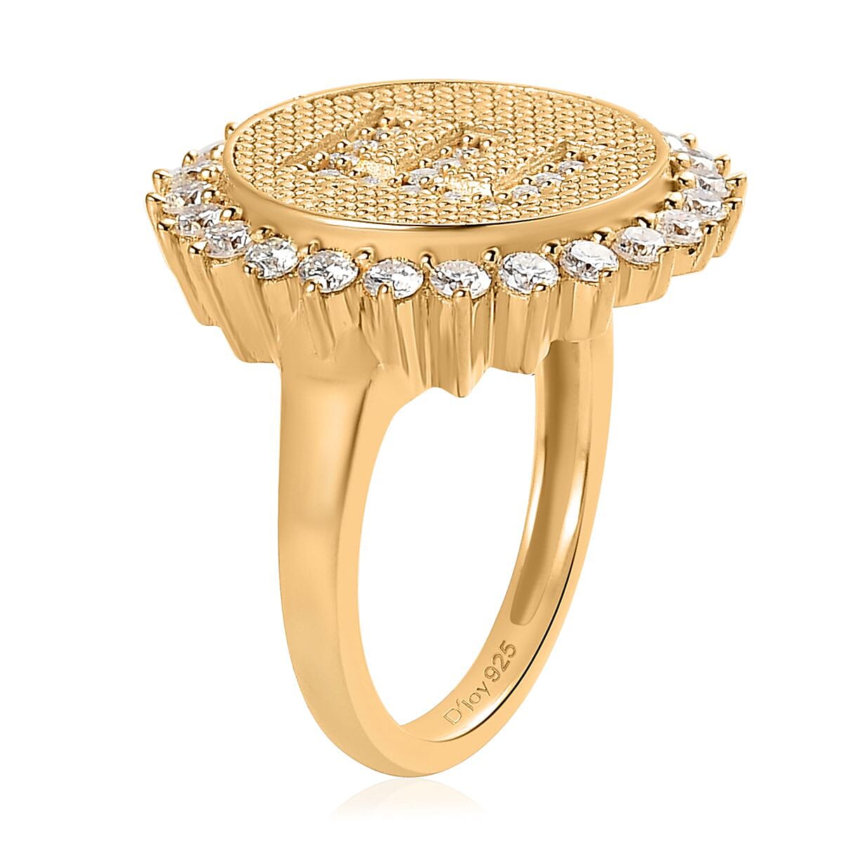 Moissanite 0.70 ctw Initial E Sun Medallion Coin Ring in Vermeil Yellow Gold Over Sterling Silver (Size 7.0) image number 3