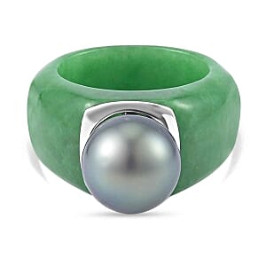 Tahitian Pearl and Green Jade 67.97 ctw Ring in Rhodium Over Sterling Silver (Size 11.5)