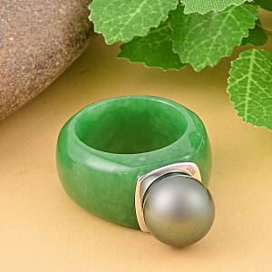 Tahitian Pearl and Green Jade 67.97 ctw Ring in Rhodium Over Sterling Silver (Size 11.5)