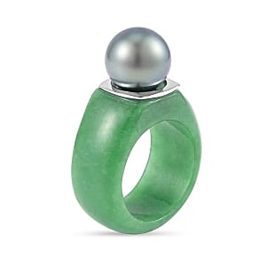 Tahitian Pearl and Green Jade 67.97 ctw Ring in Rhodium Over Sterling Silver (Size 11.5)
