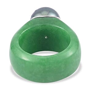 Tahitian Pearl and Green Jade 67.97 ctw Ring in Rhodium Over Sterling Silver (Size 11.5)