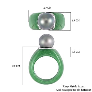 Tahitian Pearl and Green Jade 67.97 ctw Ring in Rhodium Over Sterling Silver (Size 11.5)