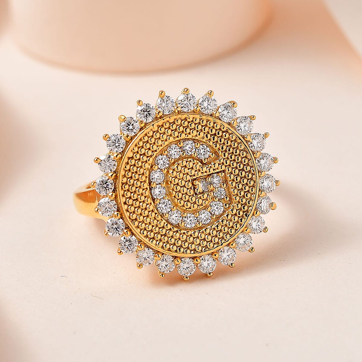 Moissanite Initial G Sun Medallion Ring in Vermeil Yellow Gold Over Sterling Silver (Size 7.0) 0.70 ctw image number 1