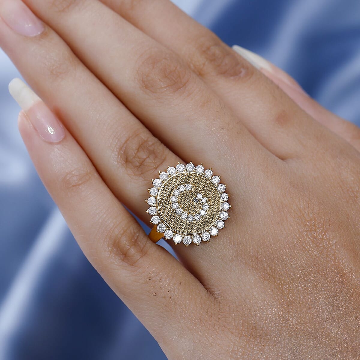 Moissanite Initial G Sun Medallion Ring in Vermeil Yellow Gold Over Sterling Silver (Size 7.0) 0.70 ctw image number 2