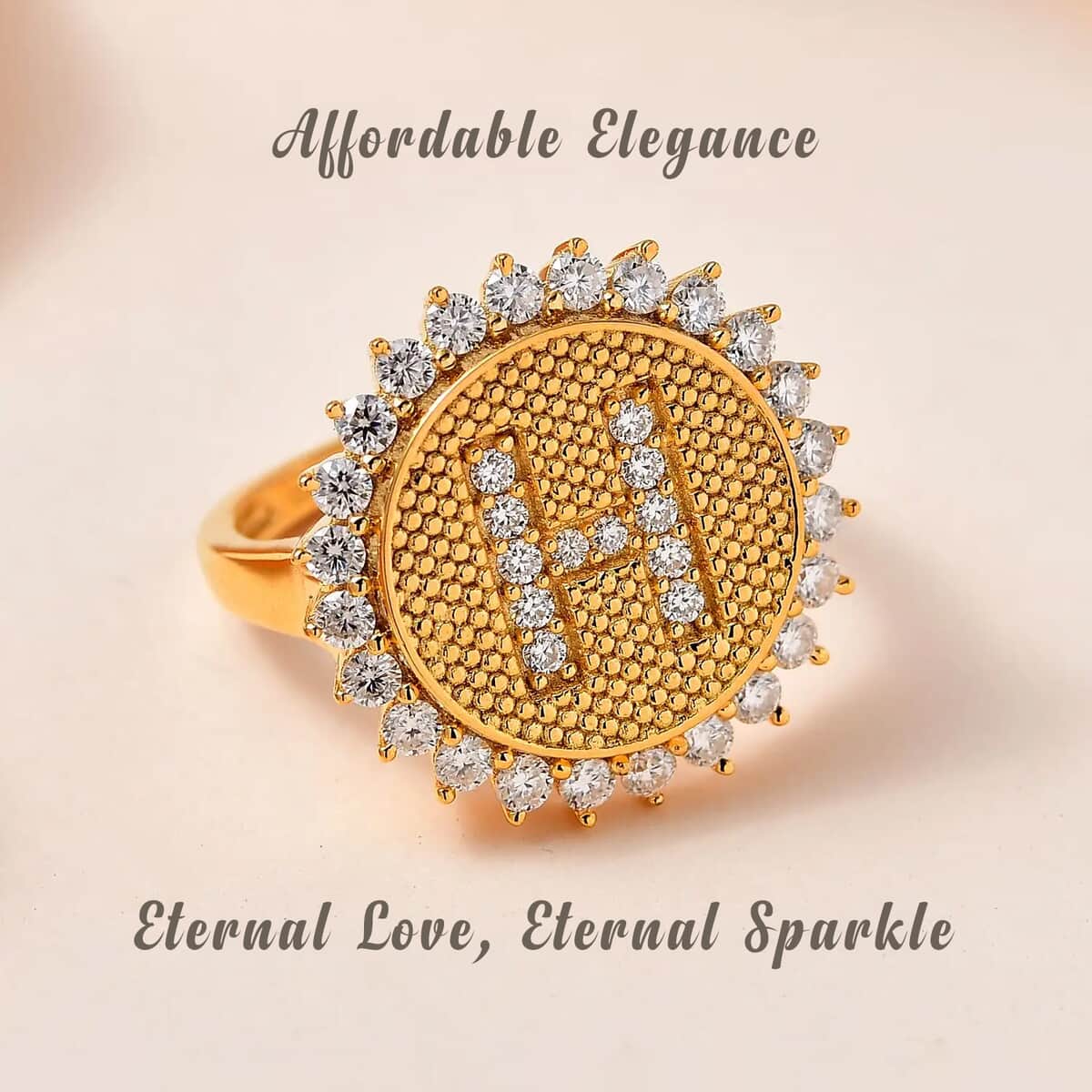 Moissanite Initial H Sun Medallion Coin Ring in Vermeil Yellow Gold Over Sterling Silver (Size 8.0) 0.70 ctw image number 1
