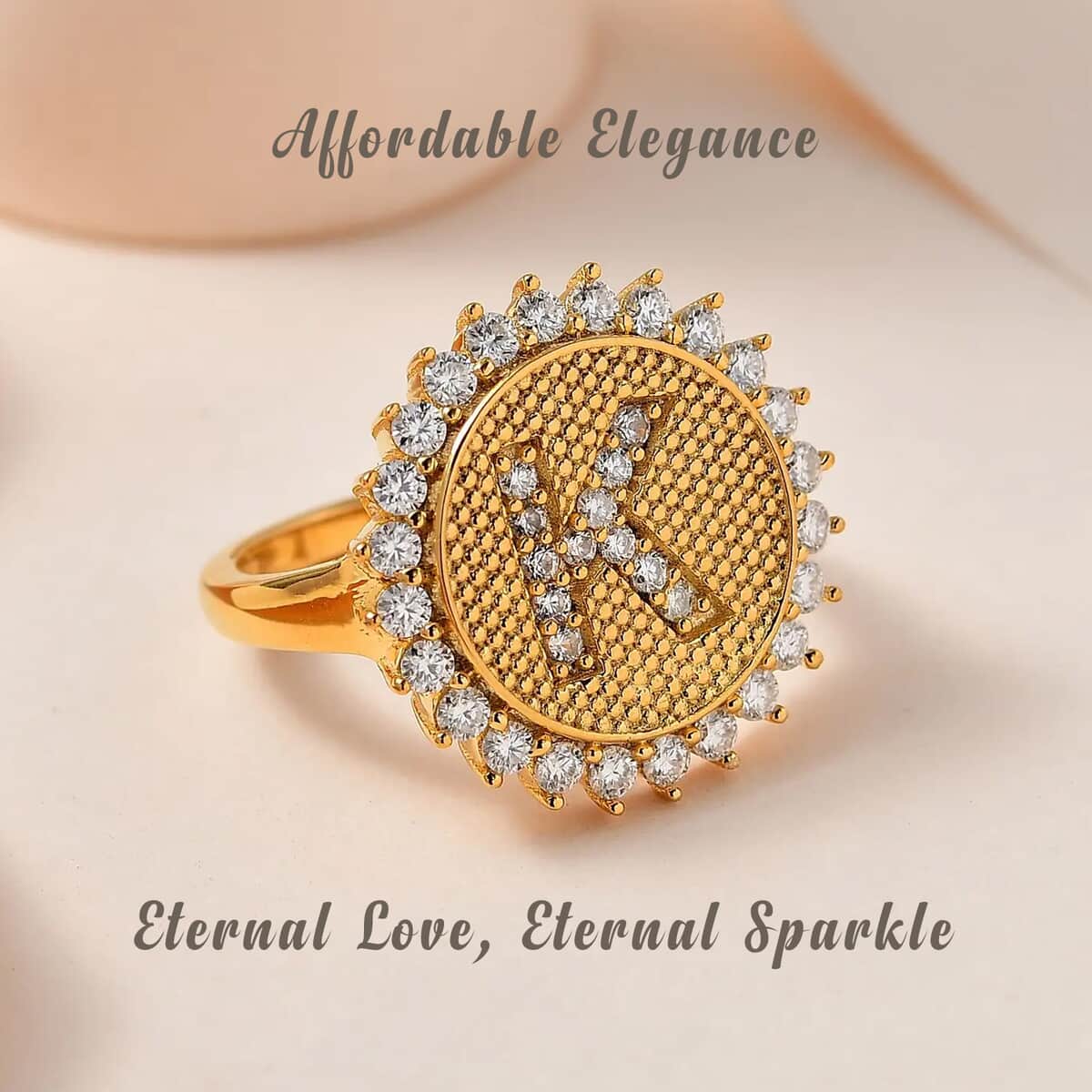 Moissanite Initial K Sun Medallion Ring in Vermeil Yellow Gold Over Sterling Silver (Size 8.0) 0.70 ctw image number 1