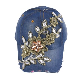 Denim Floral Crystal Hat with Adjustable Velcro Strap
