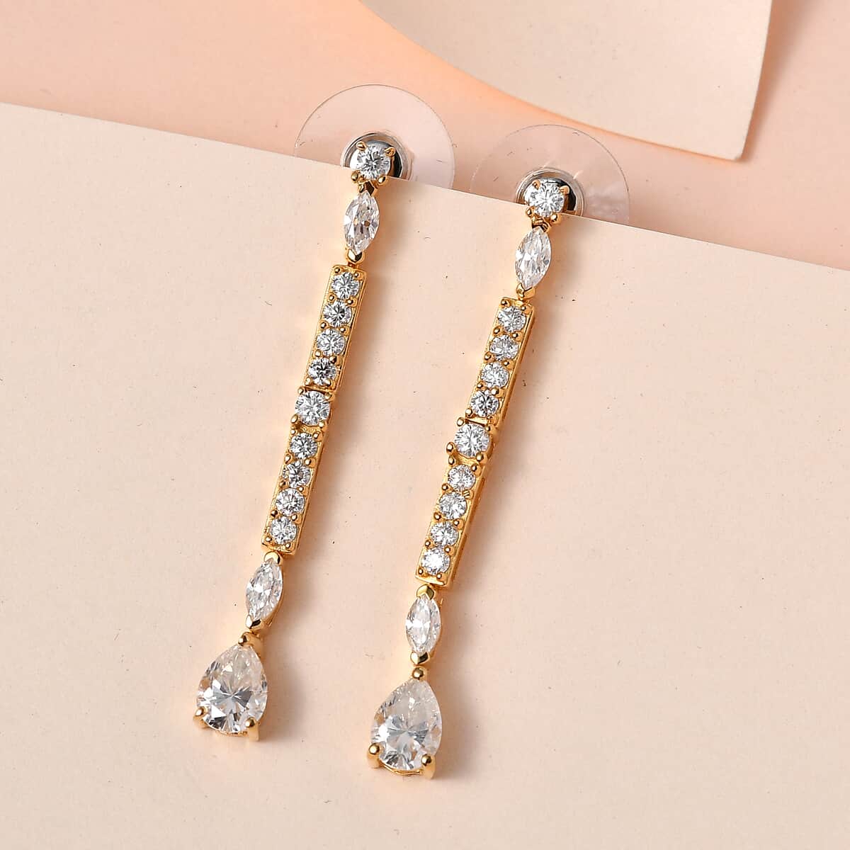 Moissanite 3.10 ctw Dangling Earrings in Vermeil Yellow Gold Over Sterling Silver image number 1