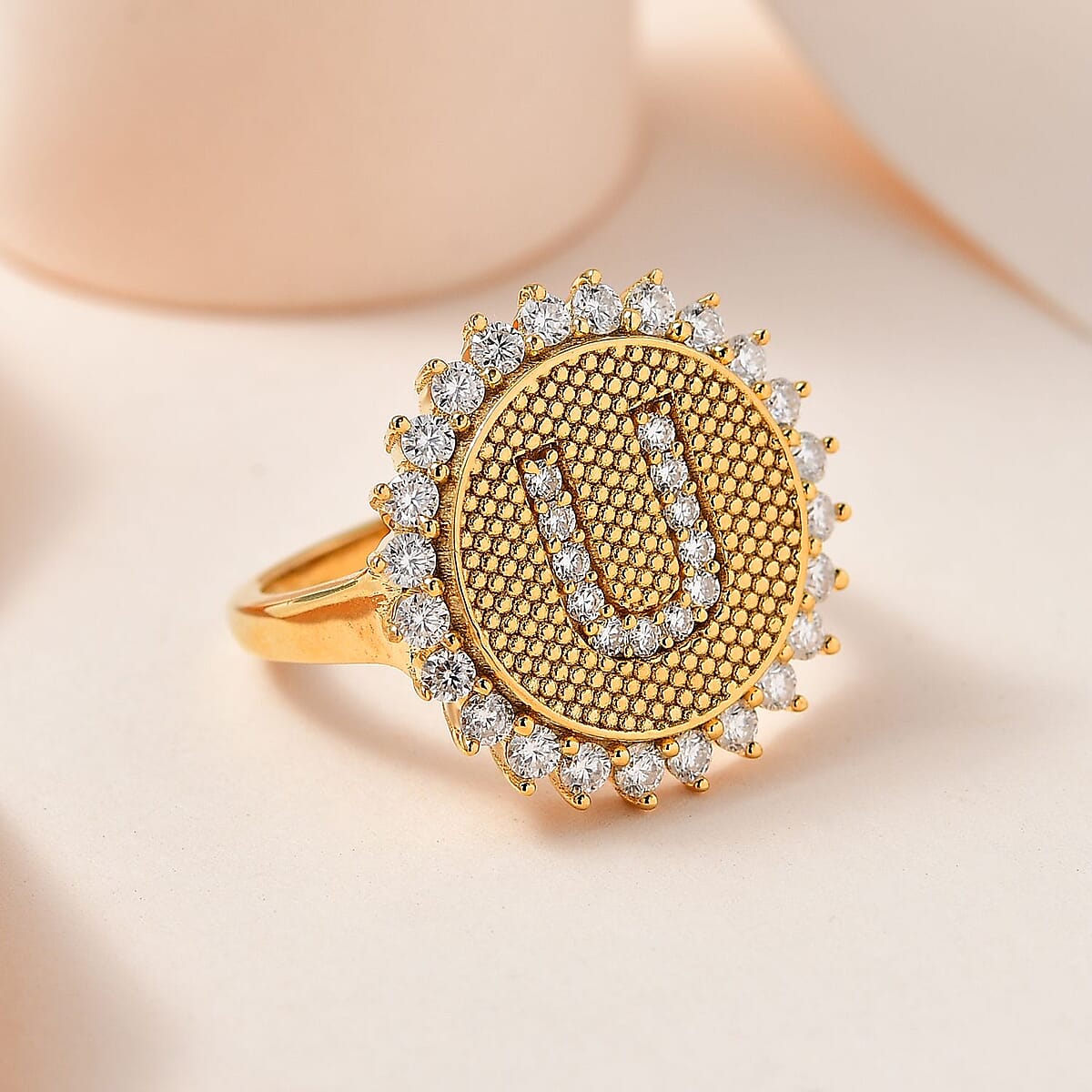 Moissanite Initial U Sun Medallion Ring in Vermeil Yellow Gold Over Sterling Silver (Size 7.0) 0.70 ctw image number 1