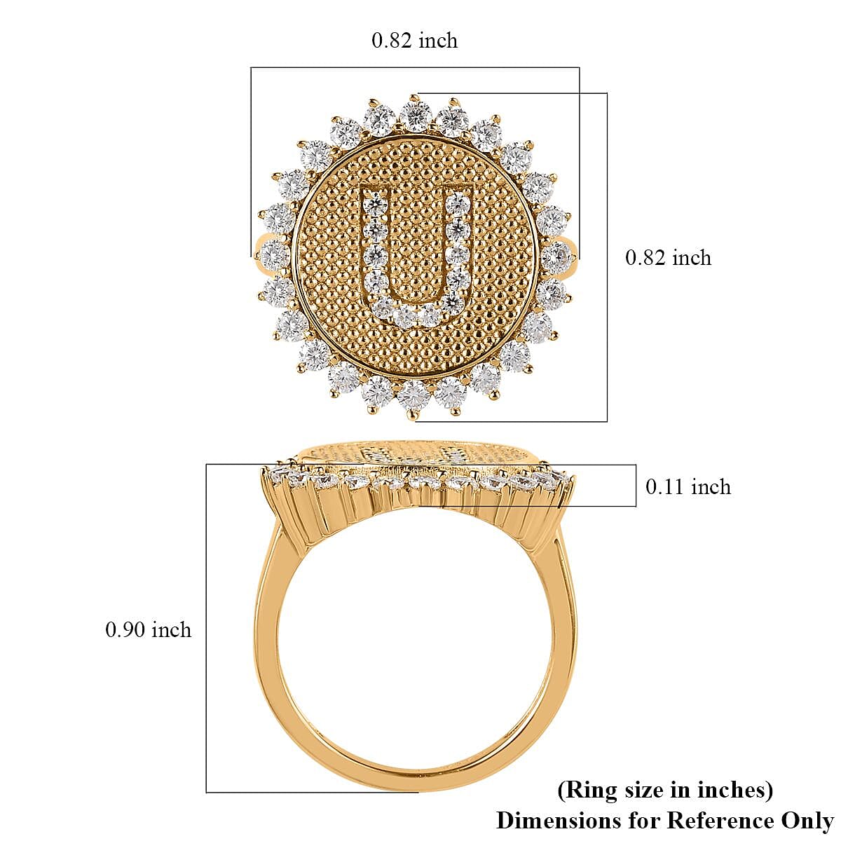 Moissanite Initial U Sun Medallion Ring in Vermeil Yellow Gold Over Sterling Silver (Size 7.0) 0.70 ctw image number 5