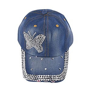 Denim Butterfly Crystal Hat with Adjustable Velcro Strap