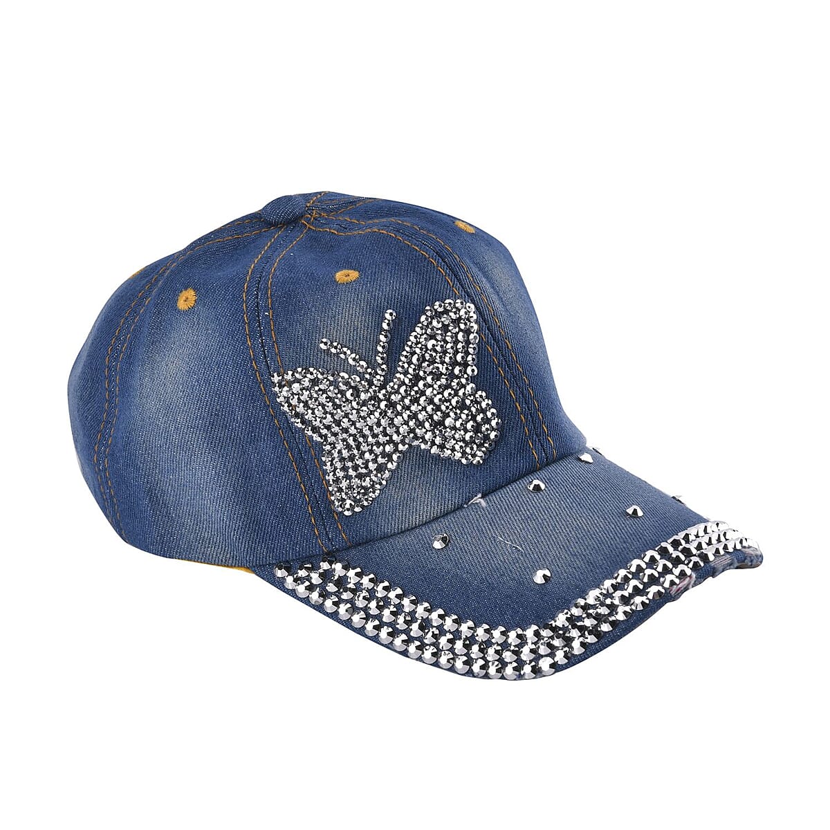 Denim Butterfly Crystal Hat with Adjustable Velcro Strap image number 1
