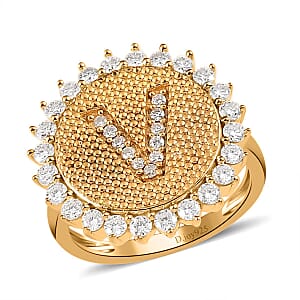 Moissanite Initial V Sun Medallion Ring in Vermeil Yellow Gold Over Sterling Silver (Size 7.0) 0.65 ctw