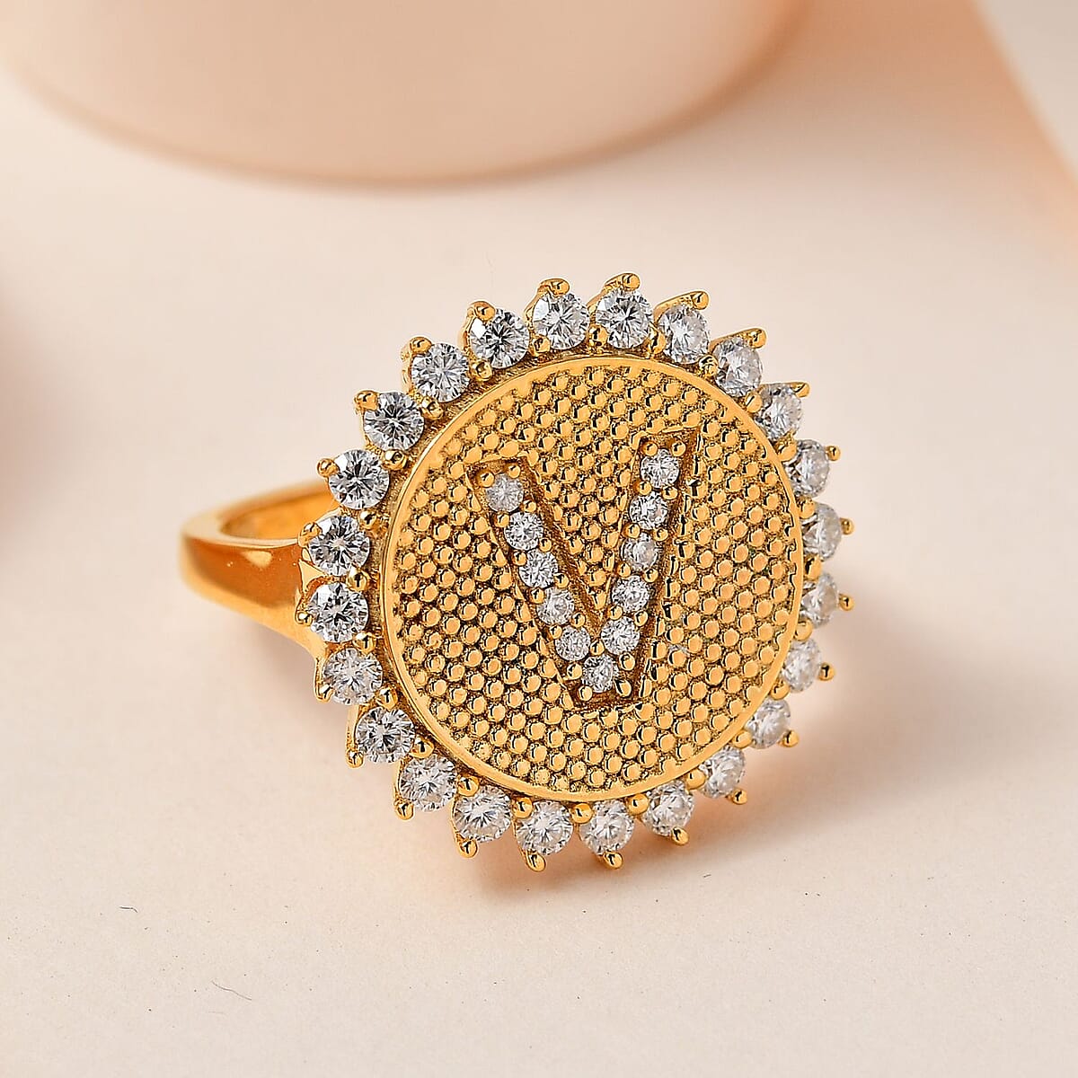 Moissanite Initial V Sun Medallion Ring in Vermeil Yellow Gold Over Sterling Silver (Size 7.0) 0.65 ctw image number 1