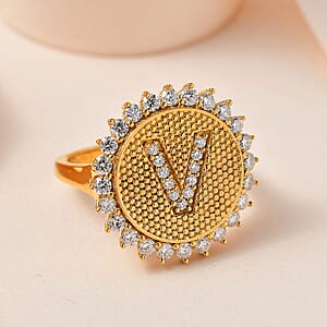 Moissanite Initial V Sun Medallion Ring in Vermeil Yellow Gold Over Sterling Silver (Size 7.0) 0.65 ctw