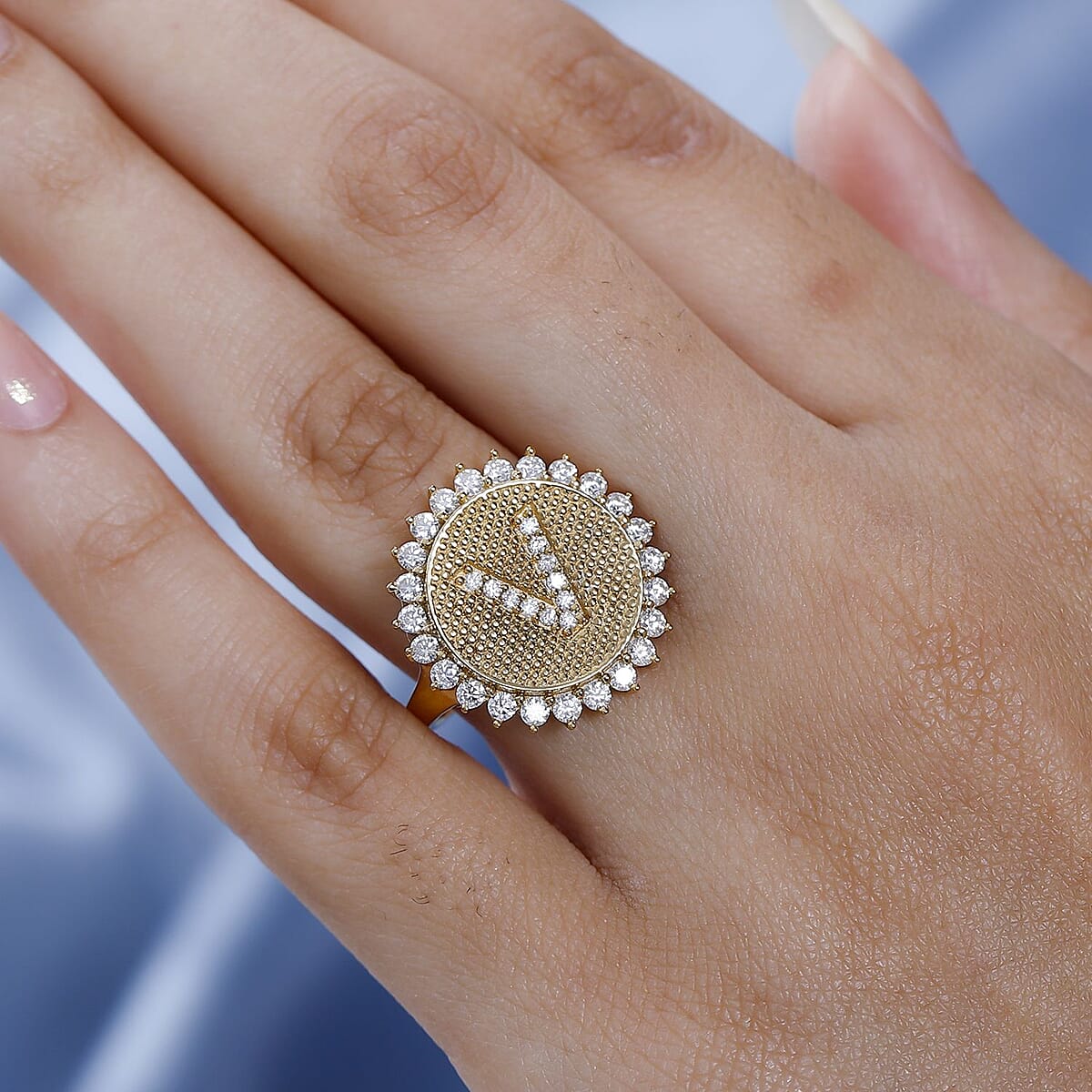 Moissanite Initial V Sun Medallion Ring in Vermeil Yellow Gold Over Sterling Silver (Size 7.0) 0.65 ctw image number 2