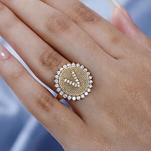 Moissanite Initial V Sun Medallion Ring in Vermeil Yellow Gold Over Sterling Silver (Size 7.0) 0.65 ctw