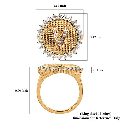 Moissanite Initial V Sun Medallion Ring in Vermeil Yellow Gold Over Sterling Silver (Size 7.0) 0.65 ctw