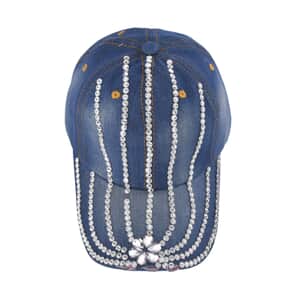 Silver Crystal Beaded Cap with Velcro Fasteners (Adjustable Strap) - Blue