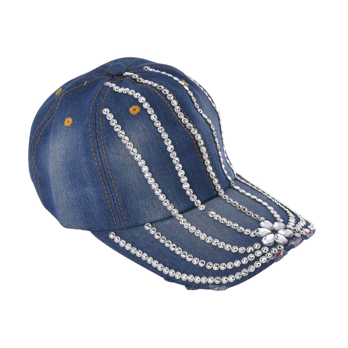 Silver Crystal Beaded Cap with Velcro Fasteners (Adjustable Strap) - Blue image number 1