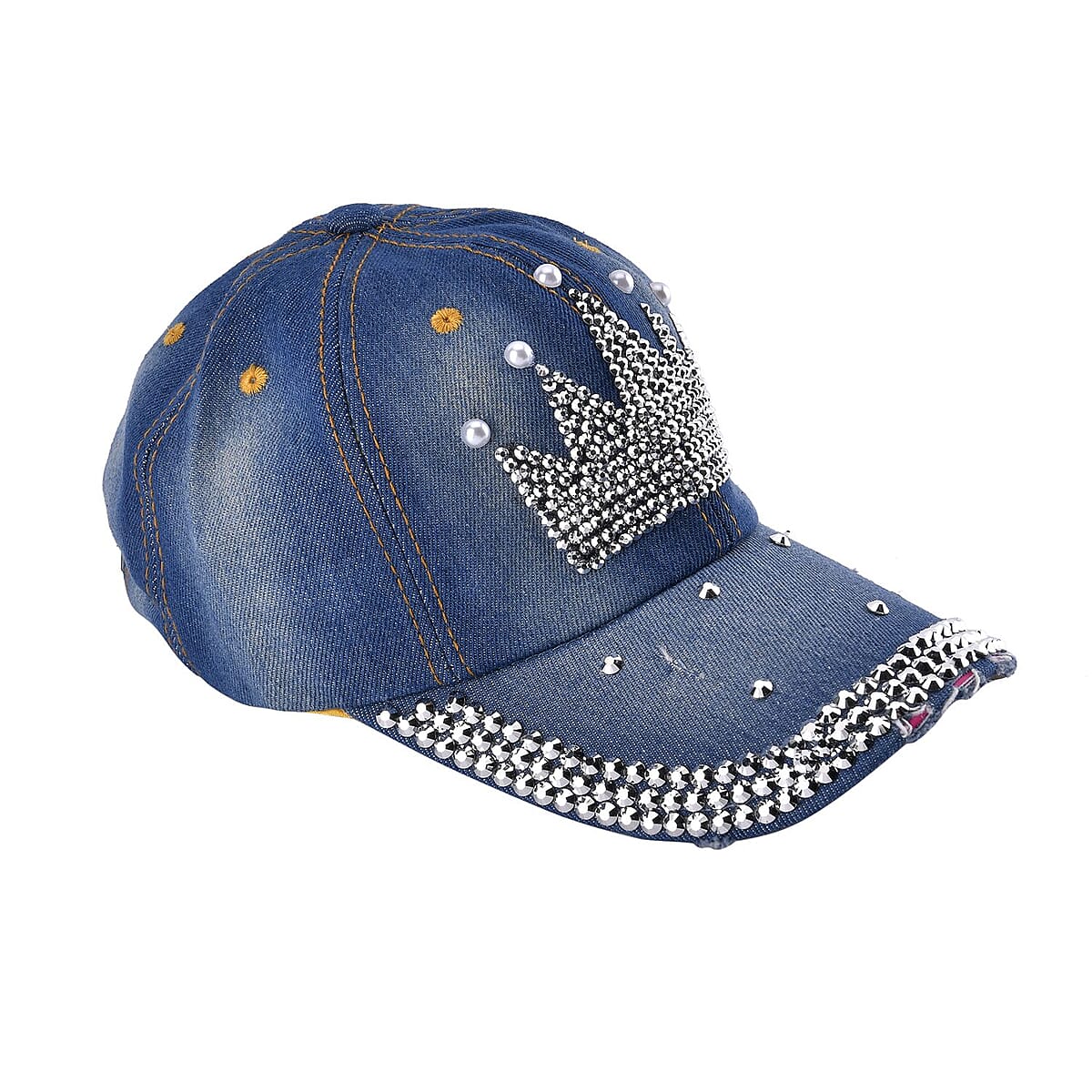 Shining Crystal and Crown Design Cap with Velcro Fasteners (Adjustable Strap) - Blue image number 1