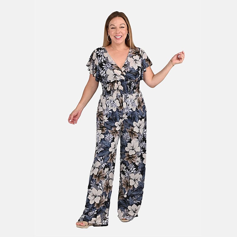 Tamsy Navy Floral Smocked Waist Jumpsuit with Flutter Sleeve - One Size Fits Most