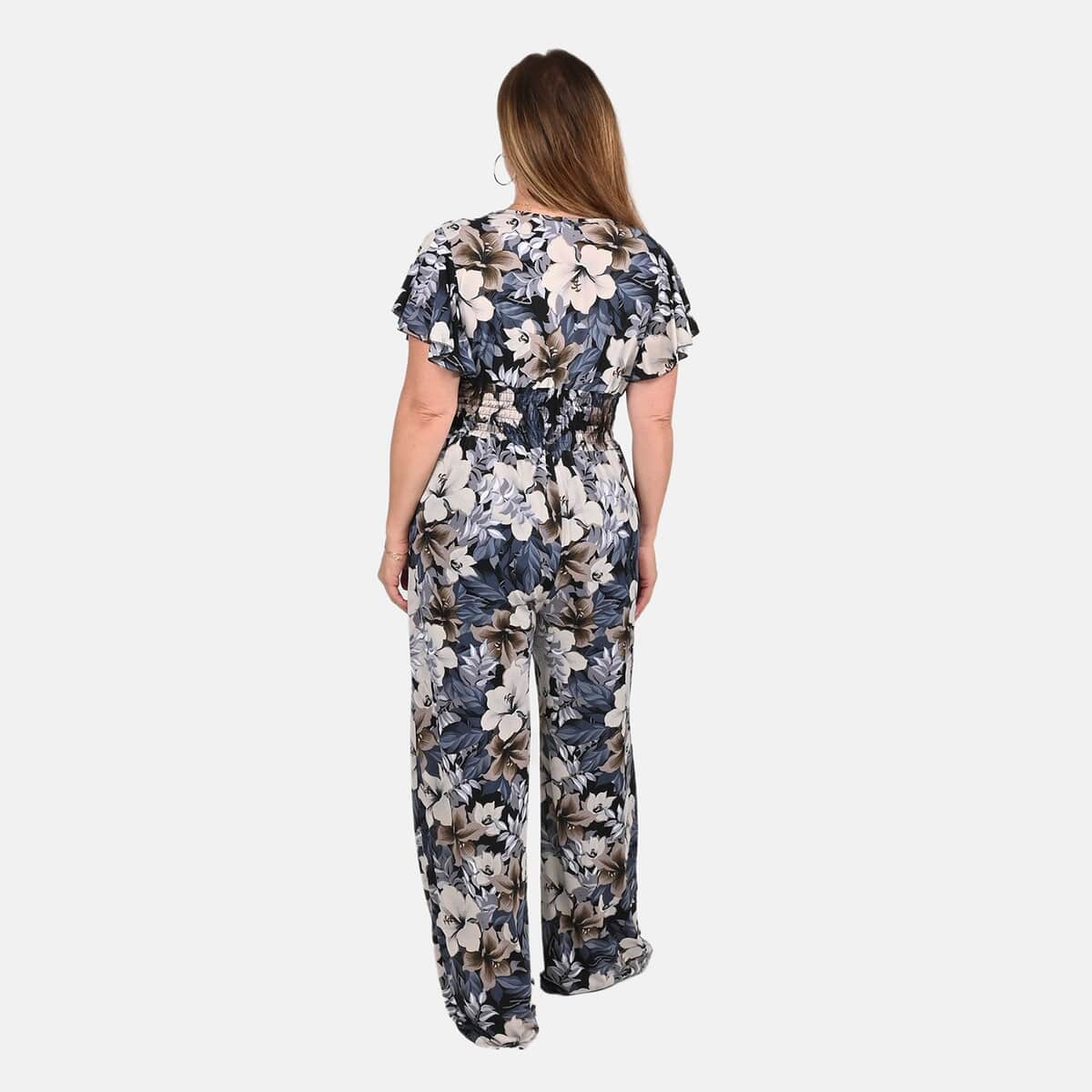 Tamsy Navy Floral Smocked Waist Jumpsuit with Flutter Sleeve - One Size Fits Most image number 1