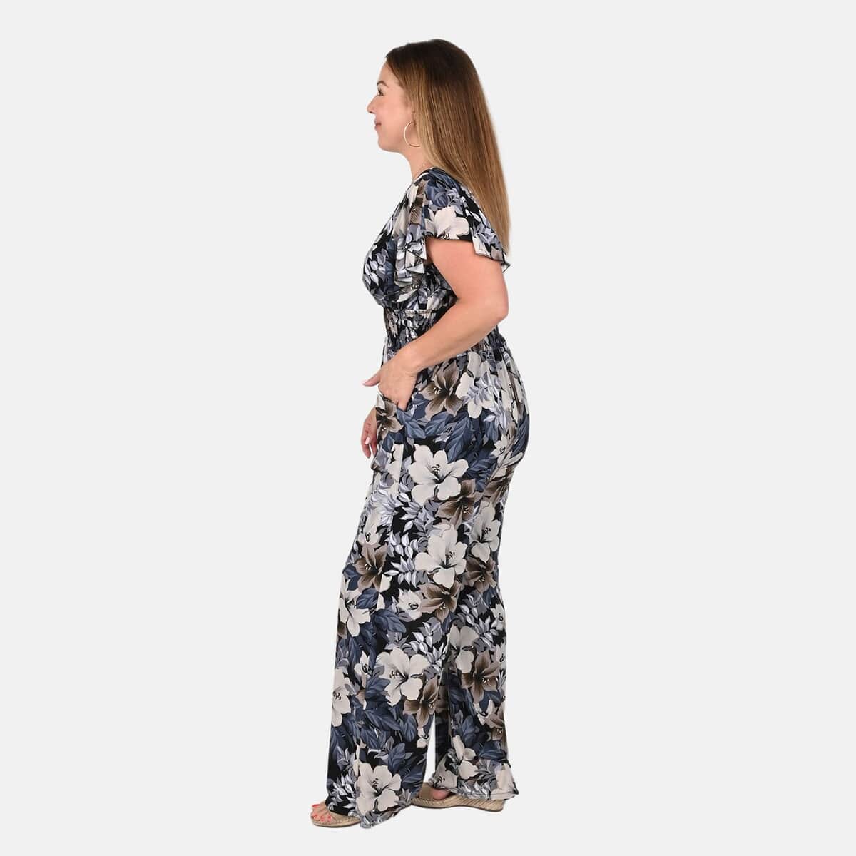 Tamsy Navy Floral Smocked Waist Jumpsuit with Flutter Sleeve - One Size Fits Most image number 2