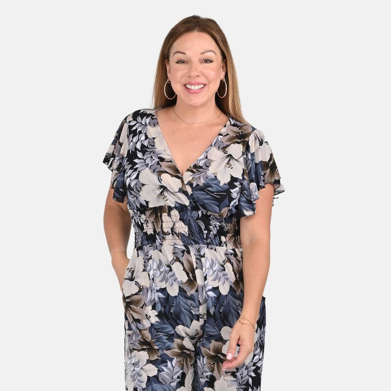 Tamsy Navy Floral Smocked Waist Jumpsuit with Flutter Sleeve - One Size Fits Most