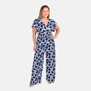 Tamsy Blue Circle Pattern Smocked Waist Jumpsuit with Flutter Sleeve - One Size Fits Most