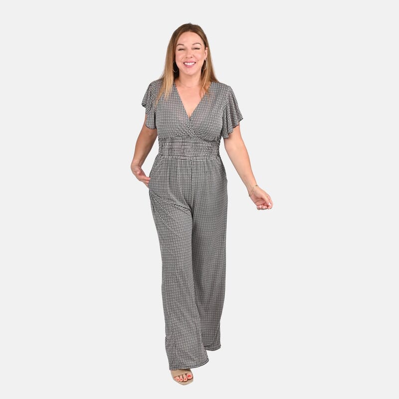 Tamsy Black Checkered Pattern Smocked Waist Jumpsuit with Flutter Sleeve - One Size Fits Most