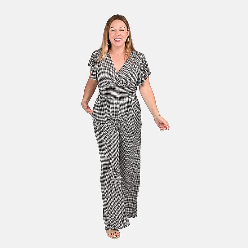 Tamsy Black Checkered Pattern Smocked Waist Jumpsuit with Flutter Sleeve - One Size Fits Most