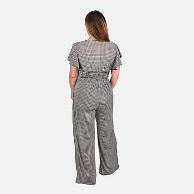 Tamsy Black Checkered Pattern Smocked Waist Jumpsuit with Flutter Sleeve - One Size Fits Most