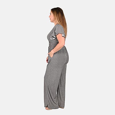 Tamsy Black Checkered Pattern Smocked Waist Jumpsuit with Flutter Sleeve - One Size Fits Most