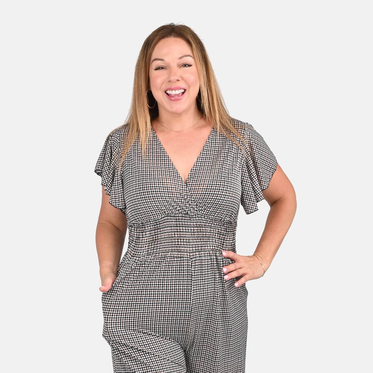 Tamsy Black Checkered Pattern Smocked Waist Jumpsuit with Flutter Sleeve - One Size Fits Most image number 3