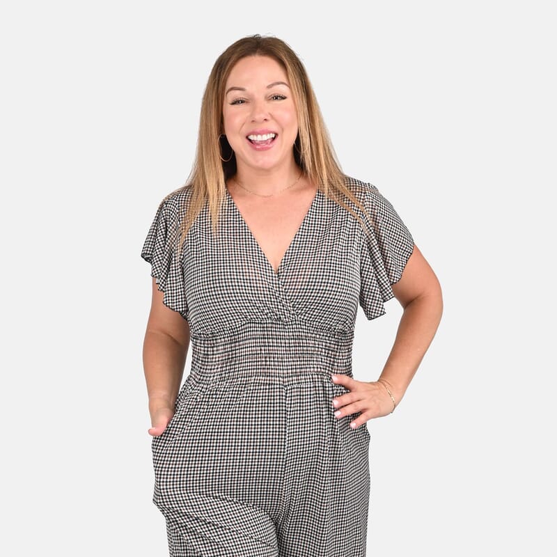 Tamsy Black Checkered Pattern Smocked Waist Jumpsuit with Flutter Sleeve - One Size Fits Most